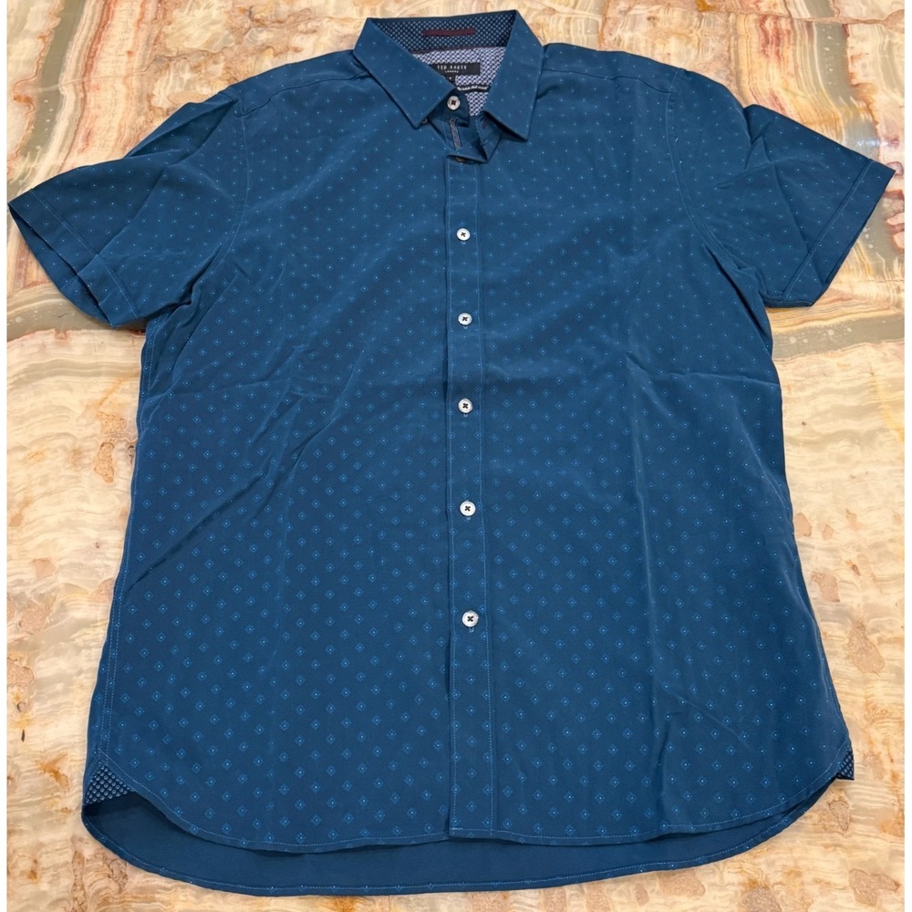 Ted Baker Mens Button Up Shirt Navy Blue Floral Short Sleeve Classic Size 4 US L